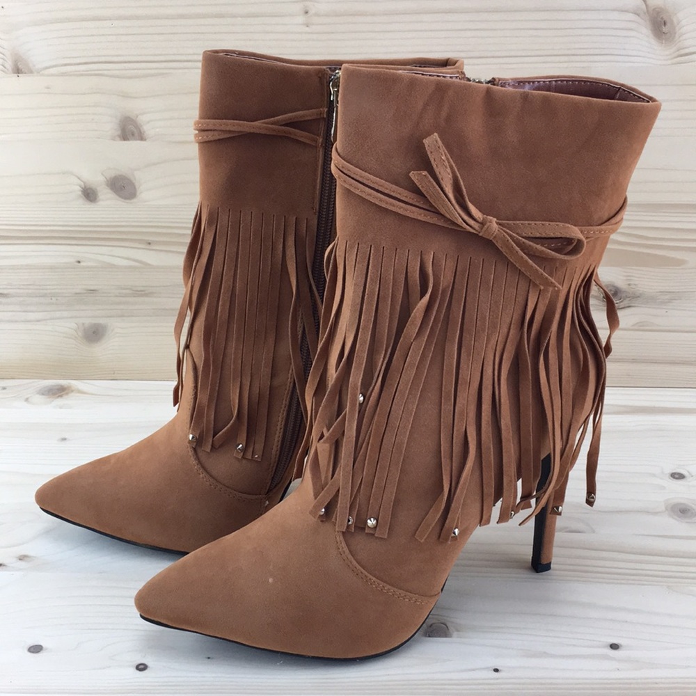 Machi PERI-1 Camel Fringe High Heel Stilettos NIB